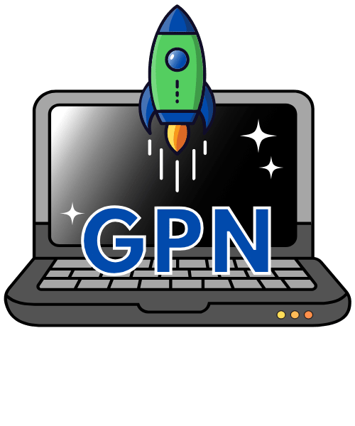 GPN Logo displaying a blue and green rocket blasting off from a retro laptop